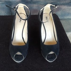 Black faux suede wedge heels